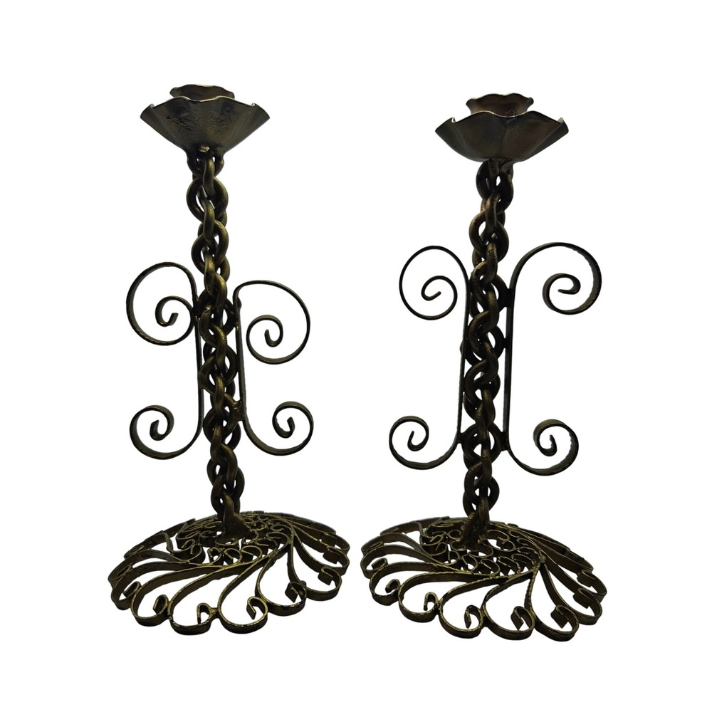 Vintage Wrought Iron Candle Holders‎ Pair Ornate Gold Tone Metal Candlesticks